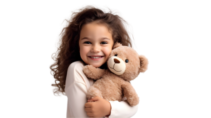 Little happy child kid girl 6-7 year old in casual clothes have fun hold hug teddy bear plush toy. Generative Ai.