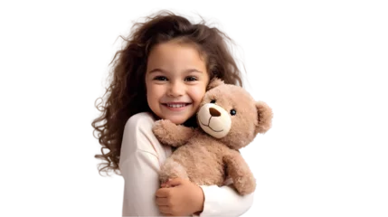 Rolgordijnen Little happy child kid girl 6-7 year old in casual clothes have fun hold hug teddy bear plush toy. Generative Ai. © tfk