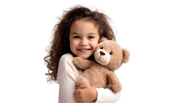 Little happy child kid girl 6-7 year old in casual clothes have fun hold hug teddy bear plush toy. Generative Ai.