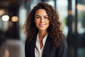 horizontal portrait of a young businesswoman smiling at the office AI generated