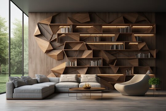 A geometrically inspired bookshelf becomes a focal point in a minimalist living room, with an intricately patterned 3D feature wall adding a layer of artistic flair.