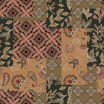 patchwork floral pattern with paisley and indian flower motifs. damask style pattern for textil and decoration. Indian, Arabic. Paisley and geometric motifs fabric patchwork abstract seamless pattern 