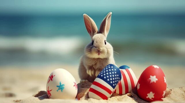Cute Easter bunny with easter eggs on beach, Animation video