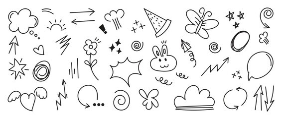 Hand drawn doodle style collection of speech bubble, arrow, firework, star, heart. Design for decoration, sticker, idol poster, social media.
