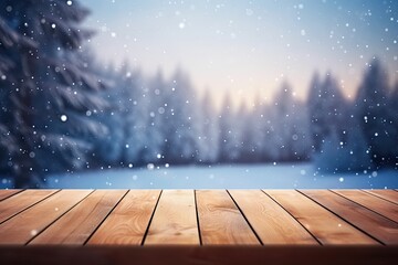 Picturesque snowy landscape perfect for christmas. Crisp white snow blankets ground creating serene setting. Wooden tabletop adds rustic charm while blue sky and sunlight cast soft glow