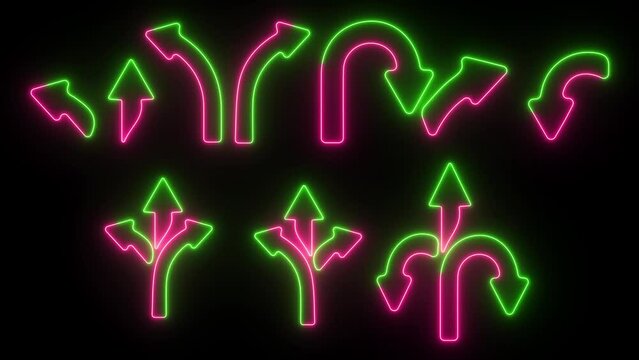 neon all direction arrow animation. glowing way direction arrow sign animation. three arrow, way sign, road direction icon. three-way direction neon arrow sign. arrow points to the left, right, up.