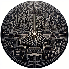 Black and white grunge geometric tribal labyrinth. Surreal style.