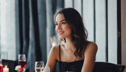 Beautiful brunette woman on a date in a restaurant with negative space