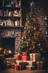 Naklejka na ściany i meble Christmas tree decorated for New Year's holiday, with gifts and balls, living room interior, winter season