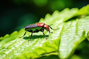 close view of insect on plant leaf and natural green background (AI Generator)