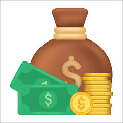 money bag with coin and dollar sign. Money bag or cash sack near coins stack icon vector flat cartoon illustration