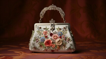 Vintage lady bag with intricate embroidery and metallic clasps against a muted backdrop.