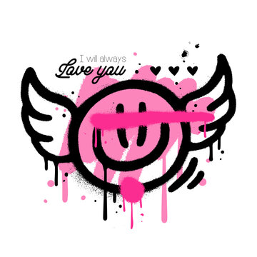 Happy Valentines Day Urban Graffiti With cupid emoji with wings. Trendy 90s vintage Vector Illustration