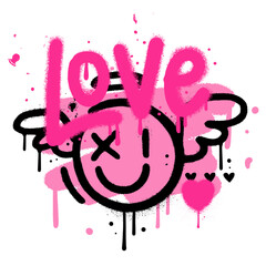 90s spray paint valentine's dat greeting card. Hand drawn graffiti texture style comic cupid emoji shape, heart and word LOVE. Design for print, sticker. Trendy 90s vintage Vector Illustration © LanaSham