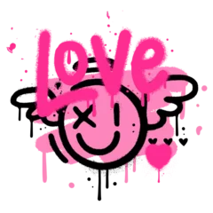 Poster 90s spray paint valentine's dat greeting card. Hand drawn graffiti texture style comic cupid emoji shape, heart and word LOVE. Design for print, sticker. Trendy 90s vintage Vector Illustration © LanaSham