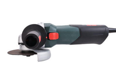 Angle grinder with a disc for cutting stainless steel metal on a white background.