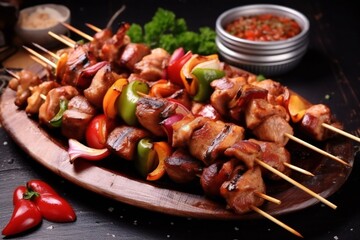 Fried chicken kebabs on plate. Meat skewer with vegetable. Grilled vegetable and meat skewers