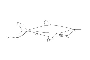 Single continuous line drawing of shark for aquatic logo identity. Beautiful mascot concept for under water show icon. One line draw graphic design vector illustration
