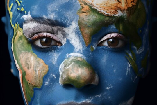 World map on beauty woman face. Earth painted on woman face. Earth continents painted on face skin
