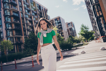 Photo of lovely sweet positive pretty cute girlfriend lady dressed summer time outfit crosswalk...