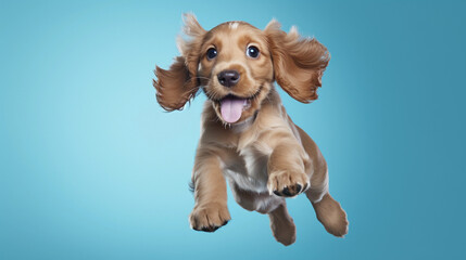 Happy English cocker spaniel  Puppy Dog Runs and jumps isolated on blue cyan background 