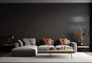 Grey sofa with footstool and terra cotta pillows. Rectangular wooden coffee table on rug. Black wall background. Modern living room interior design.