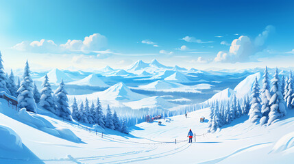 Skiers in the wide outdoor ski resort skiing illustration background - obrazy, fototapety, plakaty