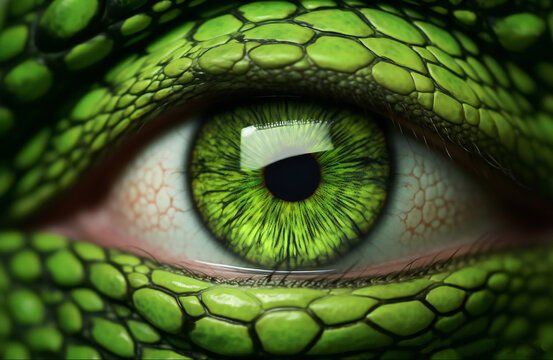 Lizard skin pattern on human face. Green lizard pattern on face. green eye.