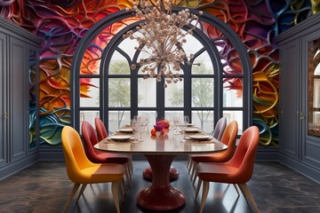 A 3D intricate colorful pattern in the dining area redefines mealtime, turning the space into a feast for the eyes as well as the palate.