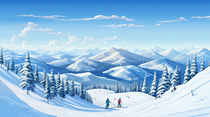 Skiers in the wide outdoor ski resort skiing illustration background