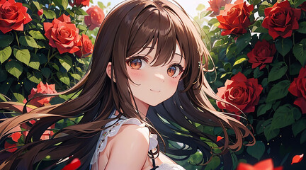 薔薇に囲まれた女の子　イラスト｜Generative AI