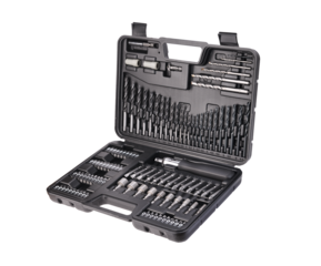 Black box with a tool with drills, heads isolated on a white background.