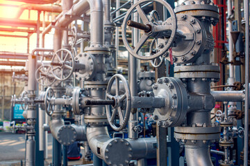 Fototapeta premium Pipe line oil and gas valves at gas plant pressure safety valve selective