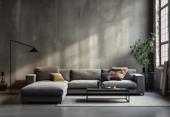 Loft lounge living room interior design with grey sofa and terra cotta cushions against concrete wall. Modern loft style lounge of living room.