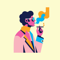 Minimalist pop art portrait of a man smoking a cigarette, isolated on white, flat design