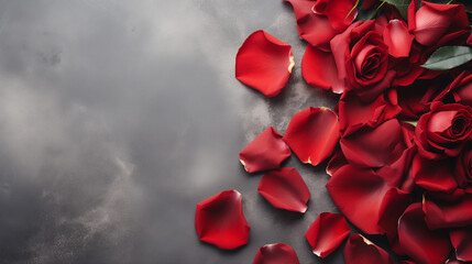 Red rose petals on a gray concrete background. Valentine's Day, International Women's Day.