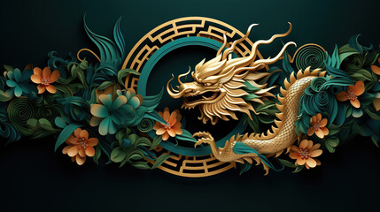 Traditional green with gold chinese dragon. New Year of the Dragon 2024