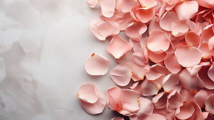 Background with peach-colored rose petals and flowers on a light background. Valentine's Day, International Women's Day.