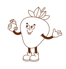 The hand-drawn strawberry retro character. Vector illustration in trendy retro cartoon style. Love, Valentine's Day.