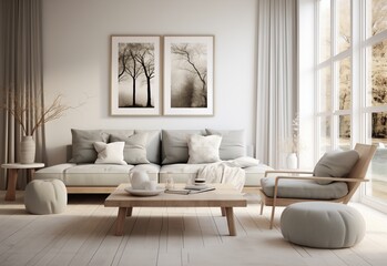 Scandinavian style modern living room. Grey sofa with throw pillows and wooden sofa armchair. Two poufs over floor. Modern cozy living room interior design.