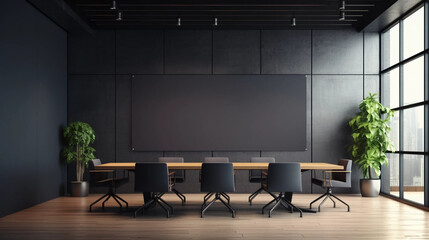 Copy space partition with place for advertising poster or logo in modern interior design cenference room. spacious office hall with conference table, wooden floor and dark wall background Mock up.
Con