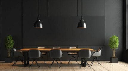 Copy space partition with place for advertising poster or logo in modern interior design cenference room. spacious office hall with conference table, wooden floor and dark wall background Mock up.
Con