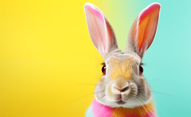 Fototapeta na wymiar Creative animal concept, macro shot of cute bunny head over pastel background. 