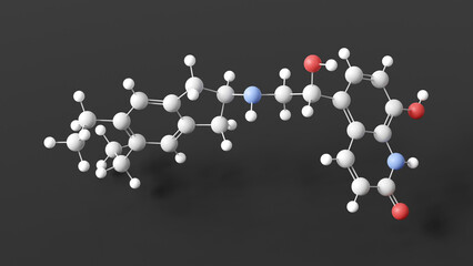 indacaterol molecular structure, adrenergic bronchodilators, ball and stick 3d model, structural chemical formula with colored atoms