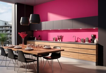 Pink and black combination interior design of modern kitchen. Black chairs around wooden table. Marble counter top. Sunlight coming through window. Modern kitchen interior design.