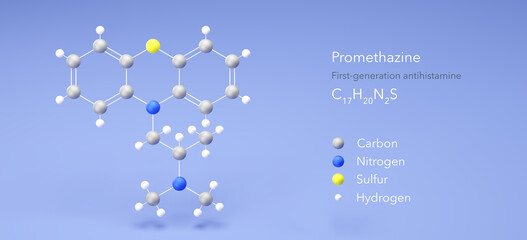 promethazine molecule, molecular structures, antipsychotic, 3d model, Structural Chemical Formula and Atoms with Color Coding - obrazy, fototapety, plakaty
