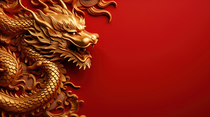Chinese gold dragon on red background with copy space. Happy New Year of the Dragon 2024 - obrazy, fototapety, plakaty