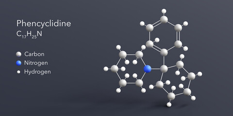 phencyclidine molecule 3d rendering, flat molecular structure with chemical formula and atoms color coding