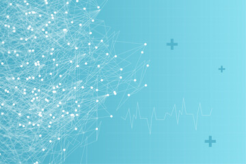 abstract medical background with connected dots and lines and cross,The concept of medicine, healthcare and cardiology. Heart pulse medical icons