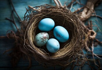 Birds eggs in their nest on a wooden blue table. Eggs are covered with speckles. Blue eggs of birds.